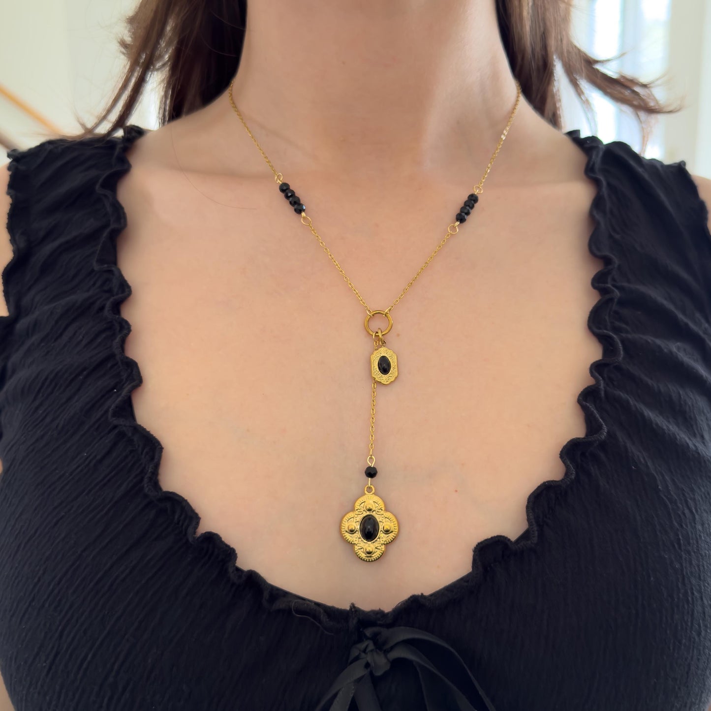Vintage Style Lariat Necklace - Gold and Black Charms, Dainty Vintage Romantic Feminine Jewelry