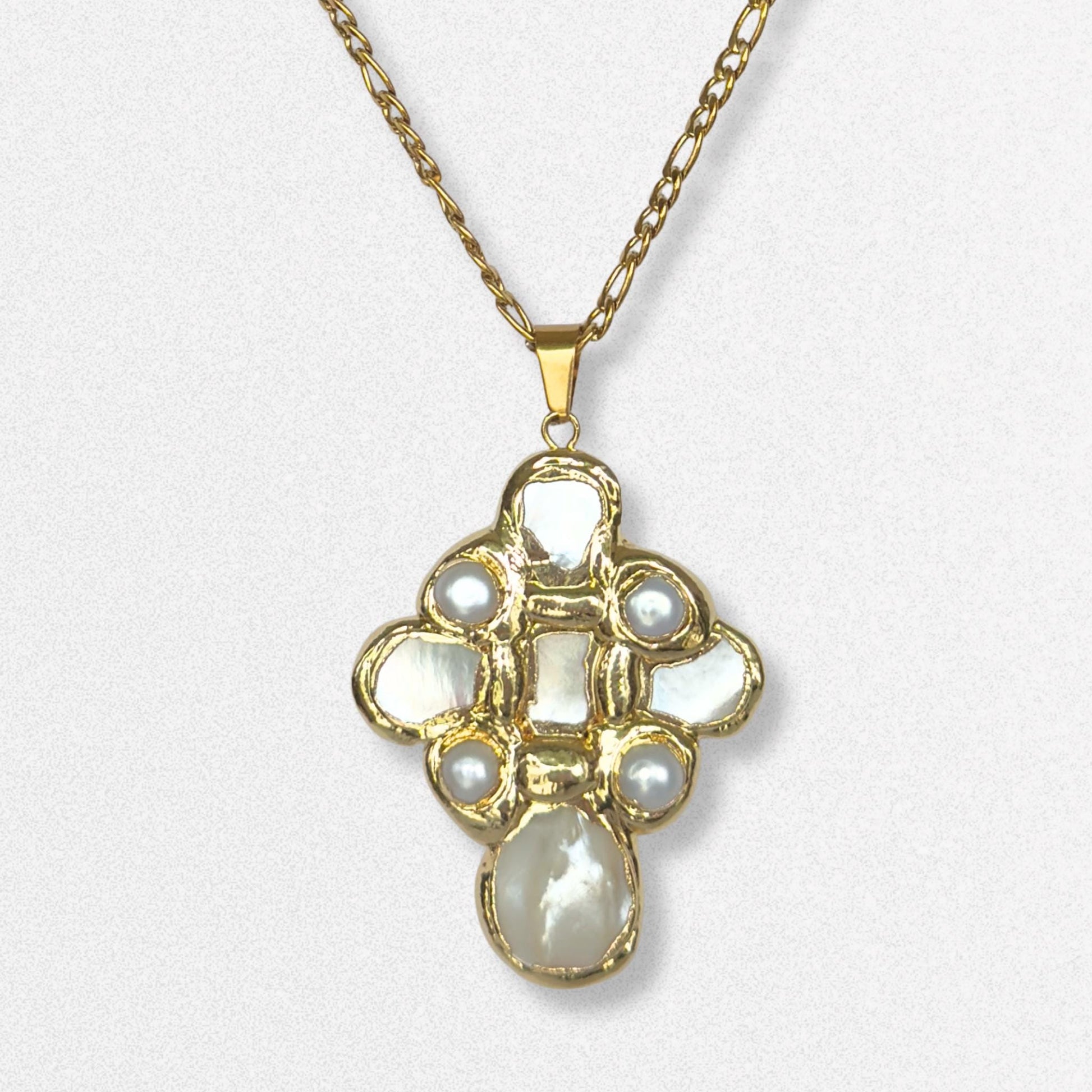Vintage Style Pearl Cross Necklace - Freshwater Pearls, Mother of Pearl Statement, Romantic Feminine Jewelry