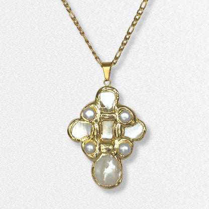 Vintage Style Pearl Cross Necklace - Freshwater Pearls, Mother of Pearl Statement, Romantic Feminine Jewelry