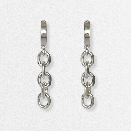 Silver Chain Huggie Hoops - Chunky Statement Earrings, Handmade Edgy Jewelry