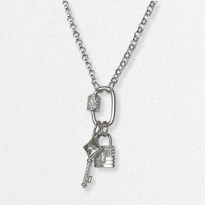 Silver Pave Carabiner Necklace, Mini Padlock & Key Charms, Stainless Steel Chain