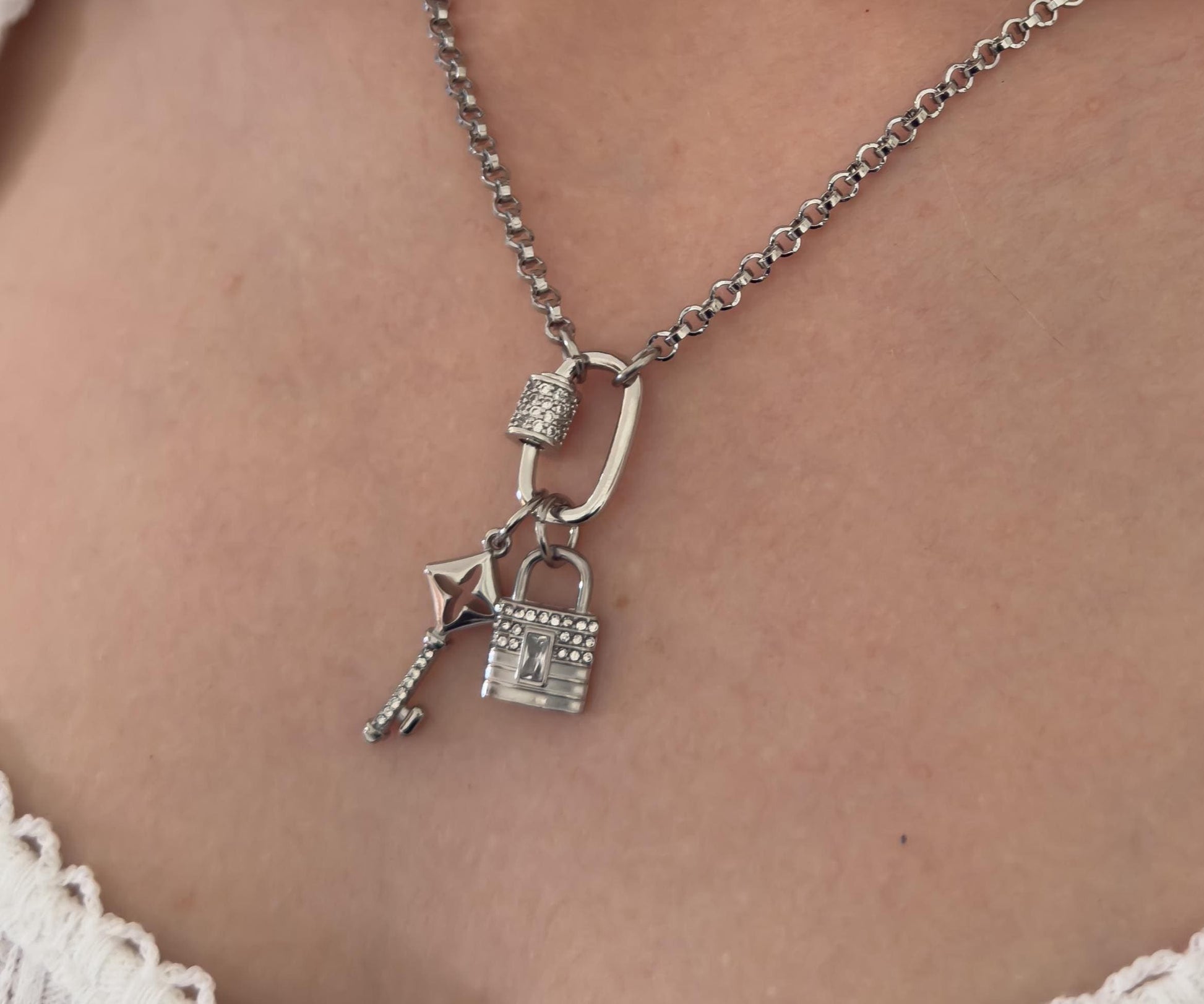 Silver Pave Carabiner Necklace, Mini Padlock & Key Charms, Stainless Steel Chain