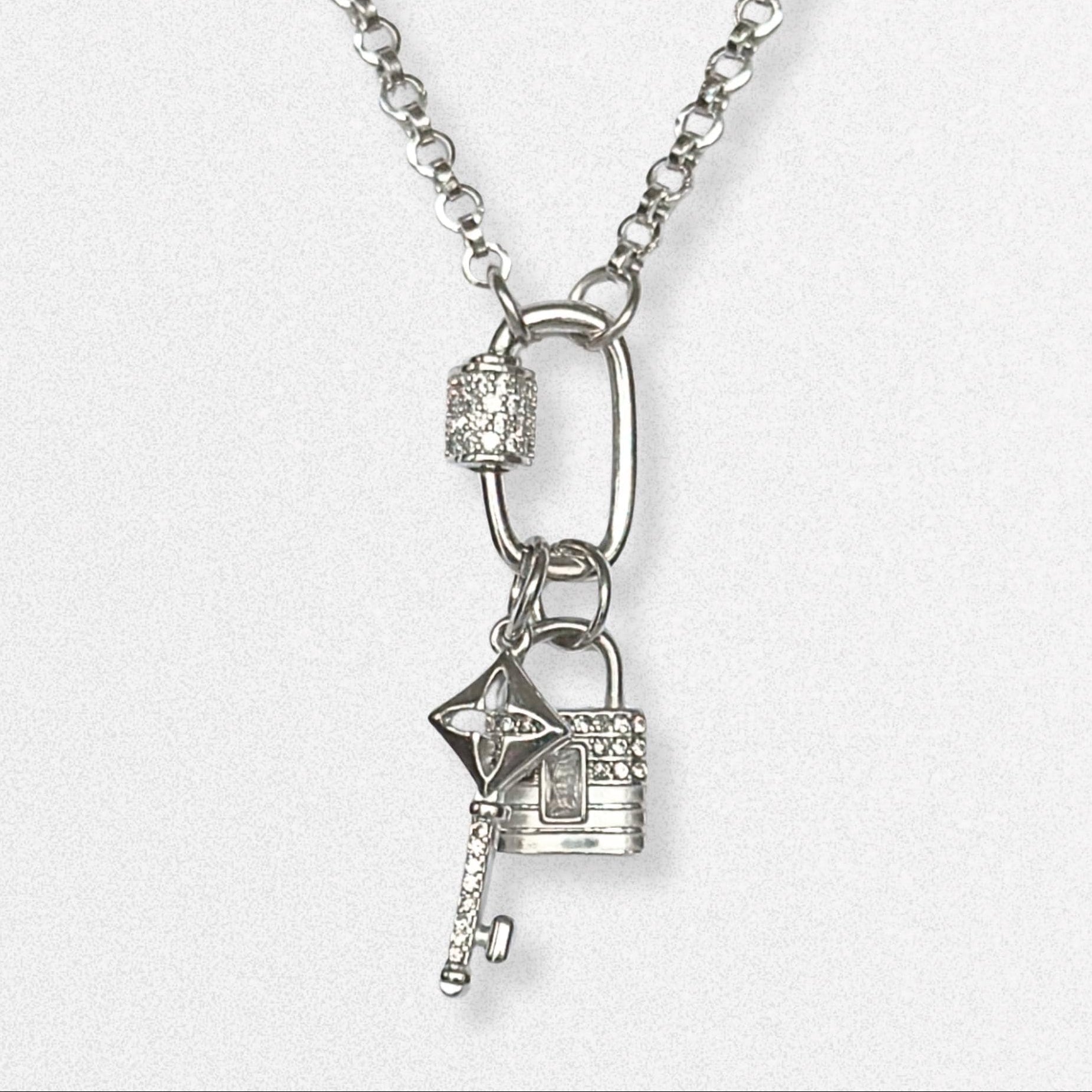 Silver Pave Carabiner Necklace, Mini Padlock & Key Charms, Stainless Steel Chain