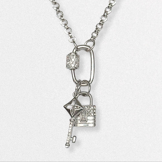 Silver Pave Carabiner Necklace, Mini Padlock & Key Charms, Stainless Steel Chain