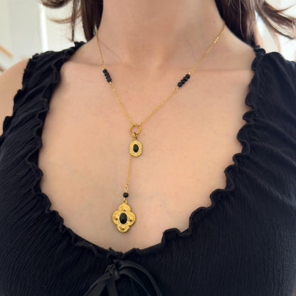 Vintage Style Lariat Necklace - Gold and Black Charms, Dainty Vintage Romantic Feminine Jewelry